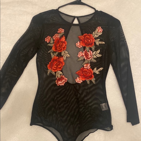 Black Sheer Bodysuit with Red Floral Embroidery - Picture 2 of 6